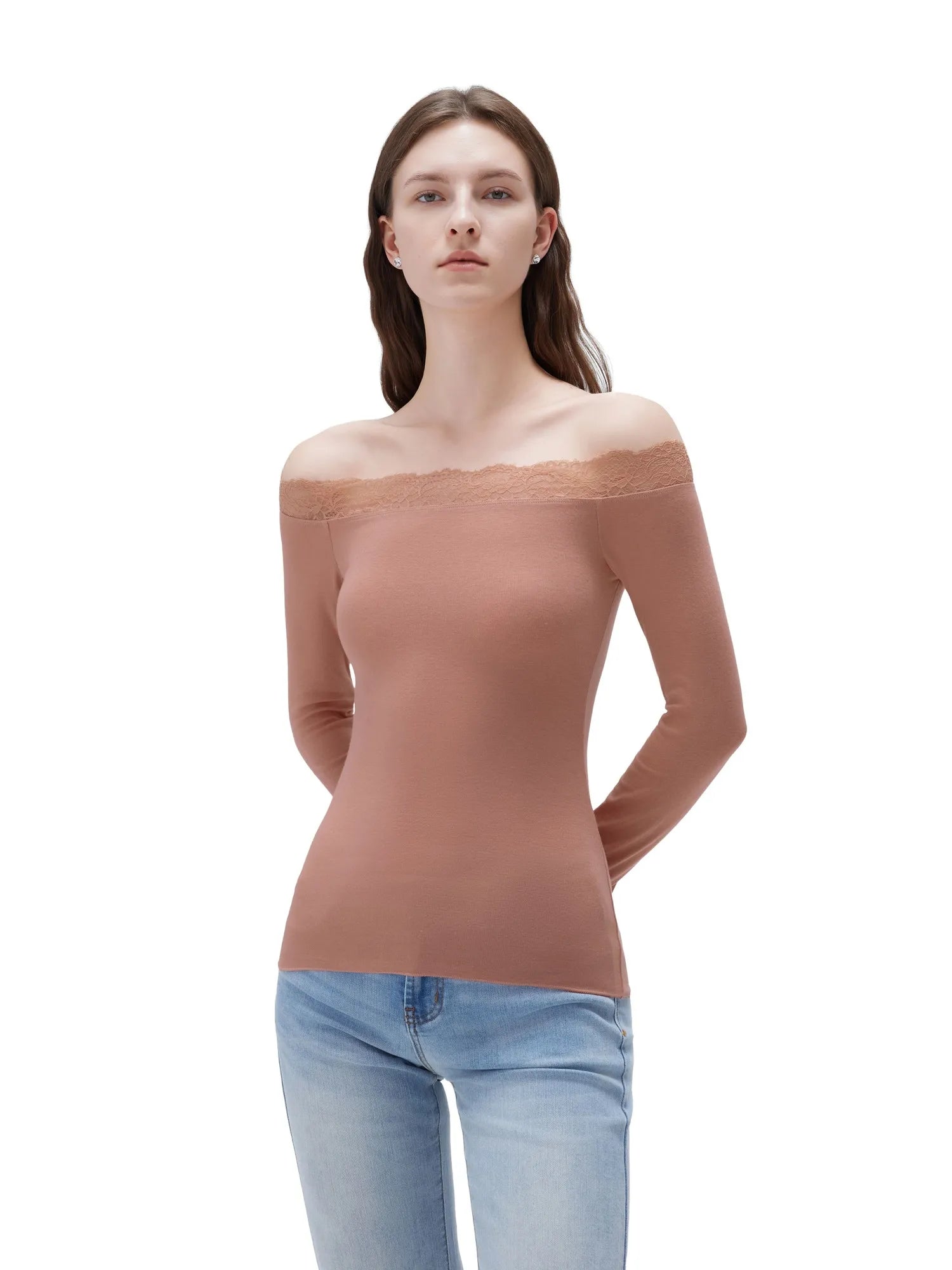 SUUKSESS Cloud Cashmere Lace Trim Off Shoulder Long Sleeve Top Fitted Basic Knit Shirt-SUUKSESS-SUUKSESS