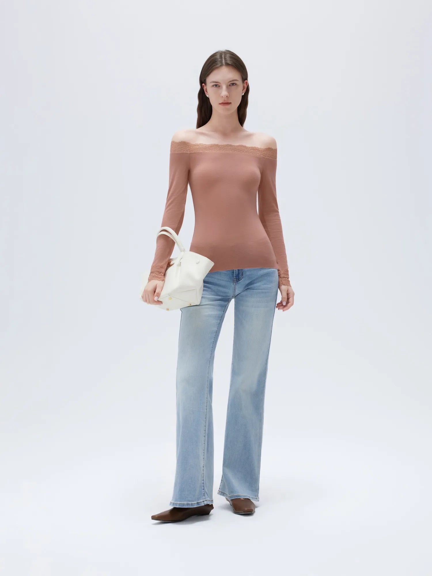 SUUKSESS Cloud Cashmere Lace Trim Off Shoulder Long Sleeve Top Fitted Basic Knit Shirt-SUUKSESS-SUUKSESS