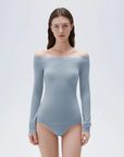 SUUKSESS Cloud Cashmere Lace Trim Off Shoulder Long Sleeve Top Fitted Basic Knit Shirt-SUUKSESS-Steelblue-XS-SUUKSESS