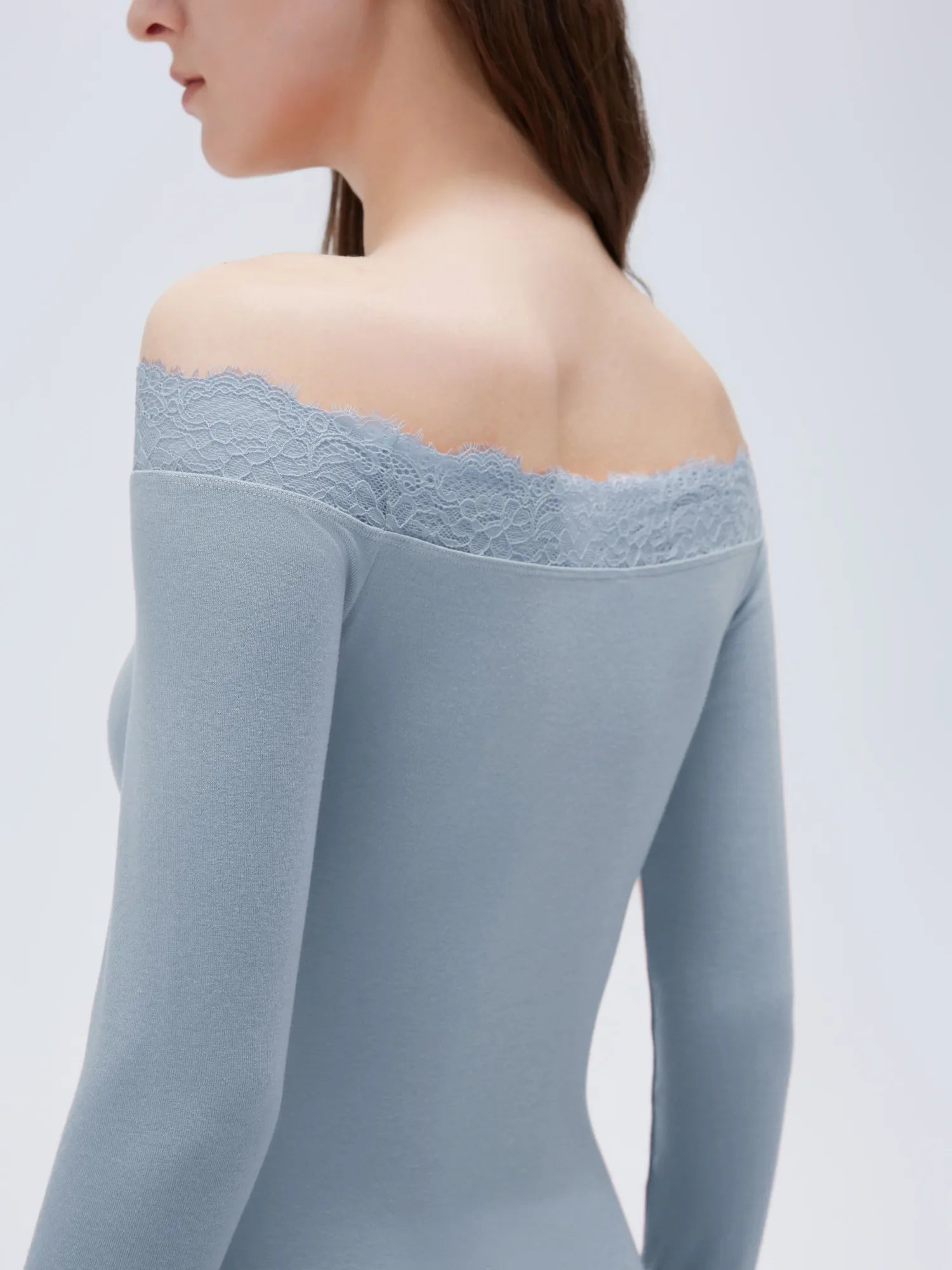 SUUKSESS Cloud Cashmere Lace Trim Off Shoulder Long Sleeve Top Fitted Basic Knit Shirt-SUUKSESS-SUUKSESS