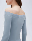 SUUKSESS Cloud Cashmere Lace Trim Off Shoulder Long Sleeve Top Fitted Basic Knit Shirt-SUUKSESS-SUUKSESS