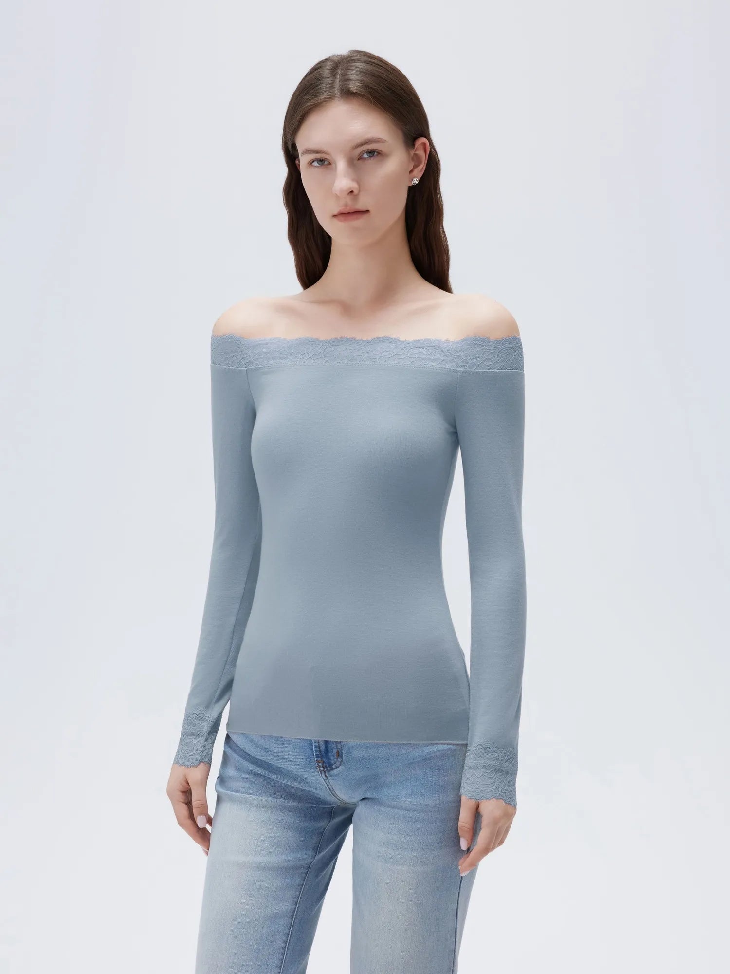 SUUKSESS Cloud Cashmere Lace Trim Off Shoulder Long Sleeve Top Fitted Basic Knit Shirt-SUUKSESS-SUUKSESS
