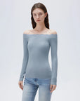 SUUKSESS Cloud Cashmere Lace Trim Off Shoulder Long Sleeve Top Fitted Basic Knit Shirt-SUUKSESS-SUUKSESS