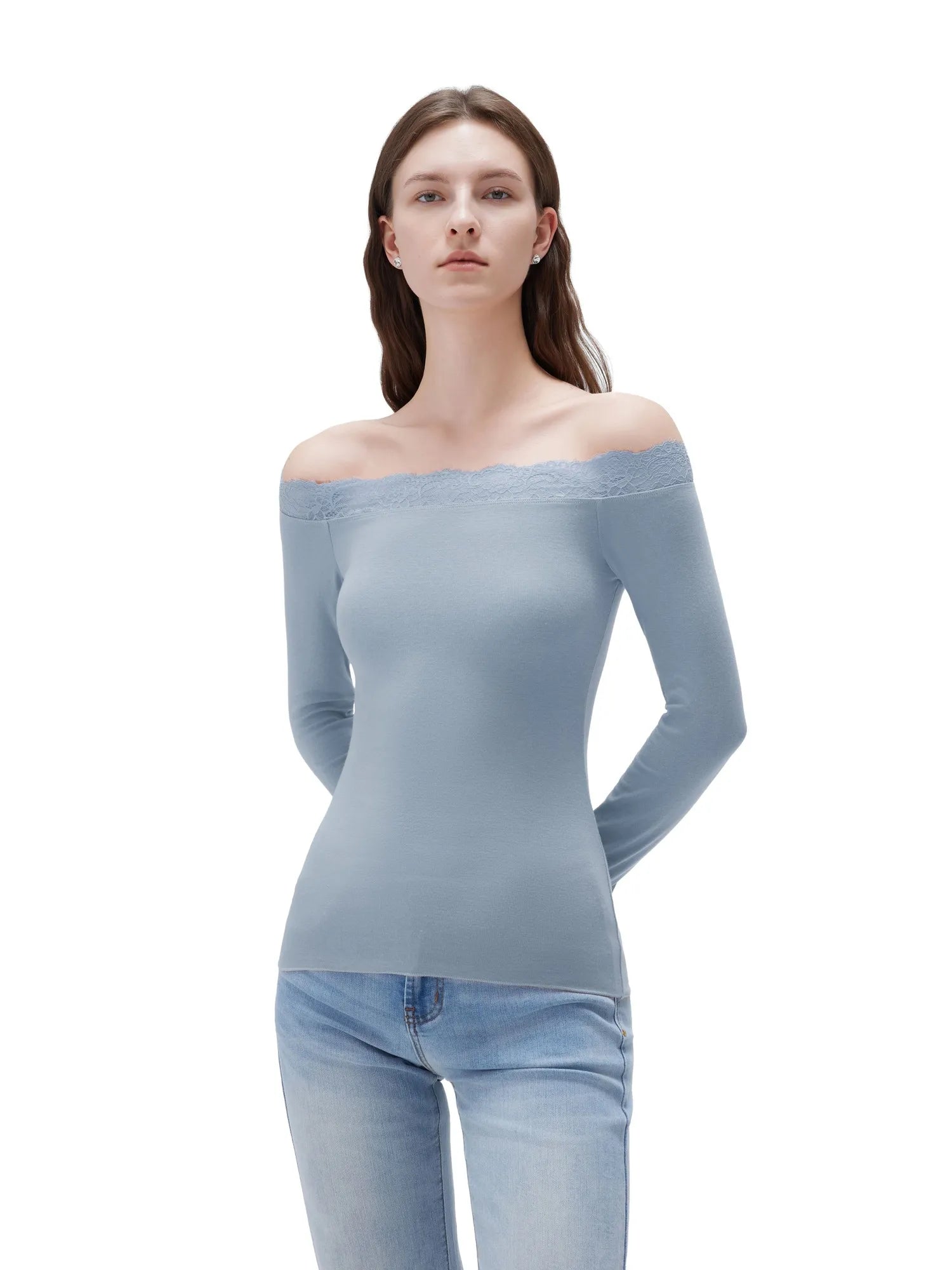 SUUKSESS Cloud Cashmere Lace Trim Off Shoulder Long Sleeve Top Fitted Basic Knit Shirt-SUUKSESS-SUUKSESS