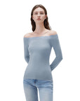 SUUKSESS Cloud Cashmere Lace Trim Off Shoulder Long Sleeve Top Fitted Basic Knit Shirt-SUUKSESS-SUUKSESS