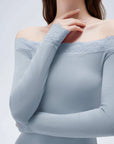 SUUKSESS Cloud Cashmere Lace Trim Off Shoulder Long Sleeve Top Fitted Basic Knit Shirt-SUUKSESS-SUUKSESS