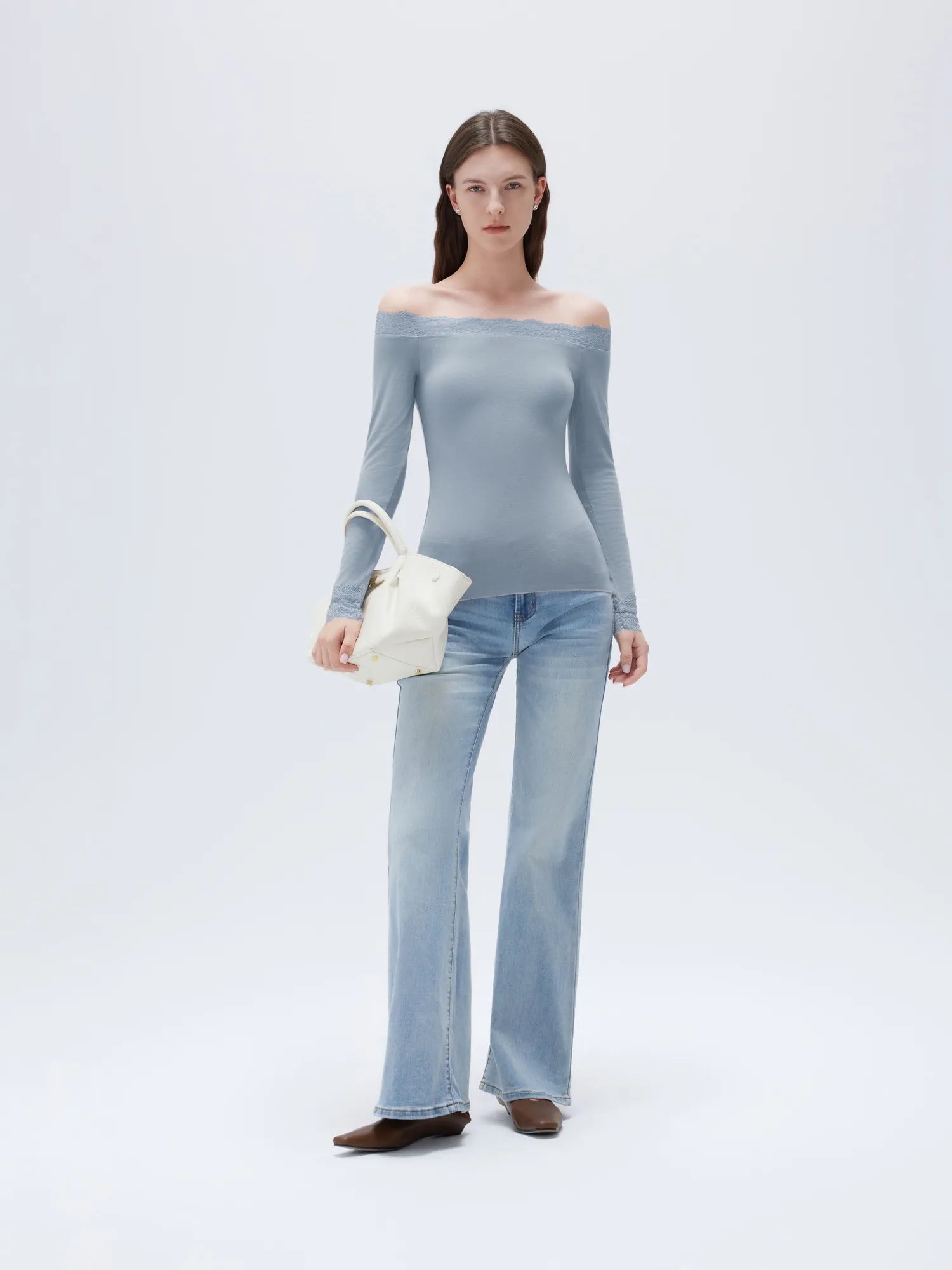 SUUKSESS Cloud Cashmere Lace Trim Off Shoulder Long Sleeve Top Fitted Basic Knit Shirt-SUUKSESS-SUUKSESS