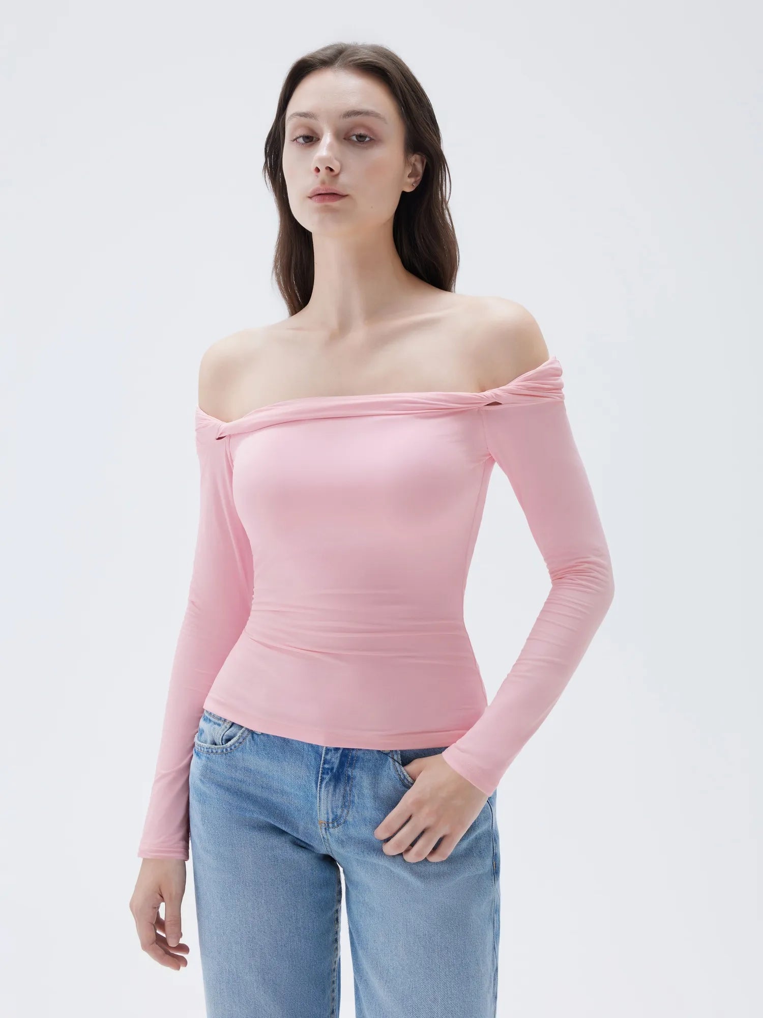 SUUKSESS Women Off The Shoulder Tops with Built in Bra Double Lined Going Out Fitted Basic Fall Shirts-SUUKSESS-Pink-XS-SUUKSESS