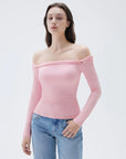 SUUKSESS Women Off The Shoulder Tops with Built in Bra Double Lined Going Out Fitted Basic Fall Shirts-SUUKSESS-Pink-XS-SUUKSESS
