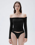 SUUKSESS Women Off The Shoulder Tops with Built in Bra Double Lined Going Out Fitted Basic Fall Shirts-SUUKSESS-Black-XS-SUUKSESS