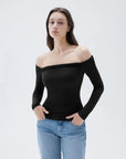 SUUKSESS Women Off The Shoulder Tops with Built in Bra Double Lined Going Out Fitted Basic Fall Shirts-SUUKSESS-SUUKSESS