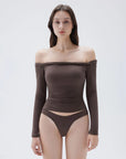 SUUKSESS Women Off The Shoulder Tops with Built in Bra Double Lined Going Out Fitted Basic Fall Shirts-SUUKSESS-Brown-XS-SUUKSESS