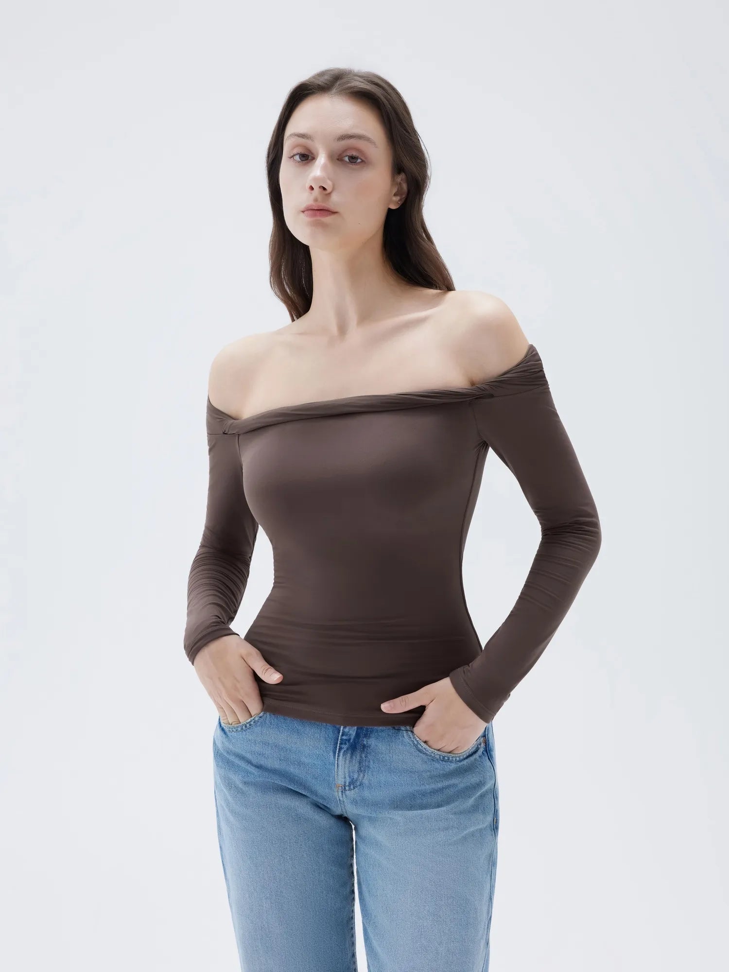 SUUKSESS Women Off The Shoulder Tops with Built in Bra Double Lined Going Out Fitted Basic Fall Shirts-SUUKSESS-SUUKSESS