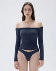 SUUKSESS Women Off The Shoulder Tops with Built in Bra Double Lined Going Out Fitted Basic Fall Shirts-SUUKSESS-Navy-XS-SUUKSESS