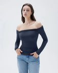 SUUKSESS Women Off The Shoulder Tops with Built in Bra Double Lined Going Out Fitted Basic Fall Shirts-SUUKSESS-SUUKSESS