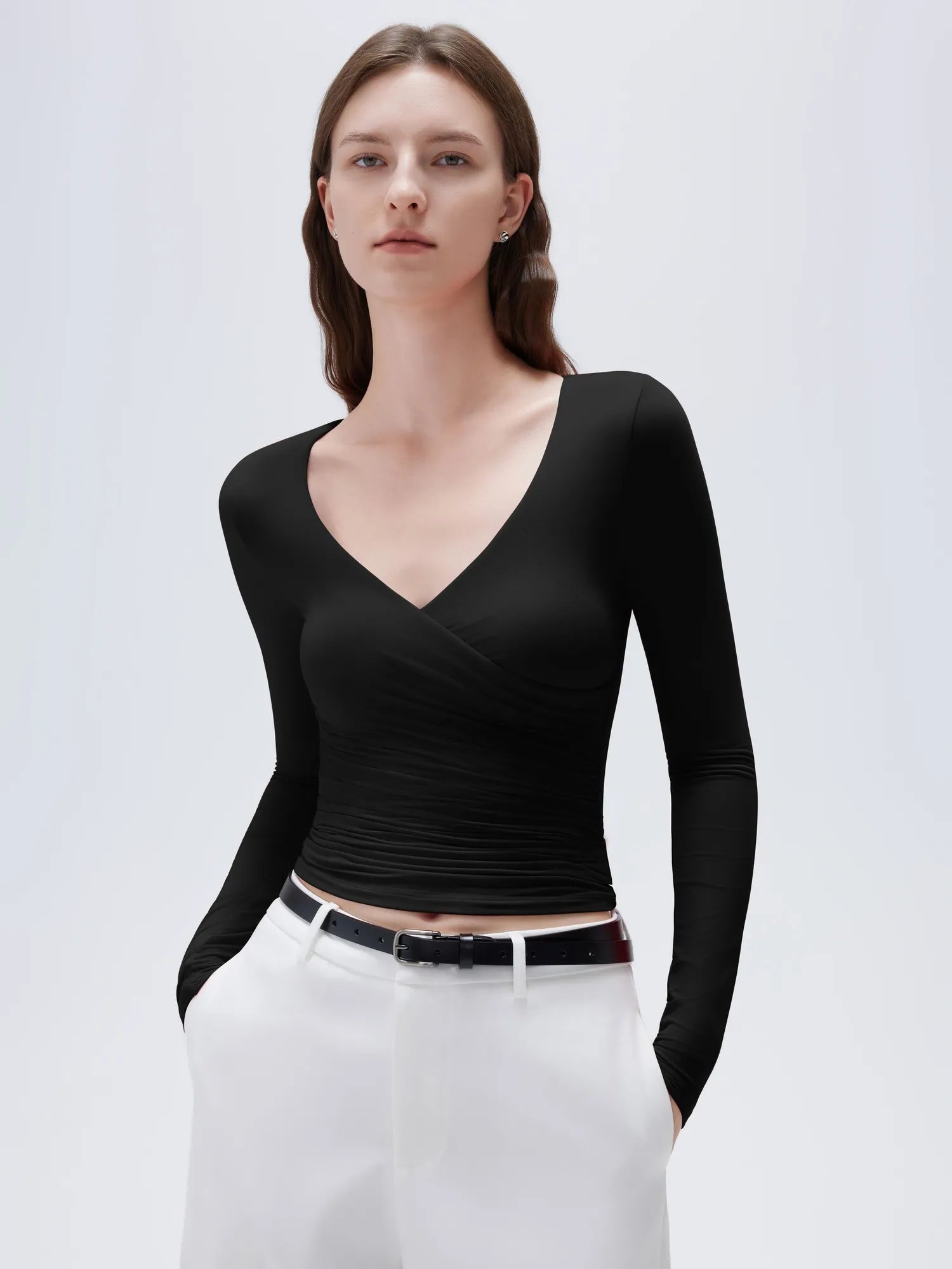 SUUKSESS Women Sexy V Neck Long Sleeve Shirts Double Lined Wrap Going Out Tops-SUUKSESS-Black-XS-SUUKSESS