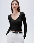 SUUKSESS Women Sexy V Neck Long Sleeve Shirts Double Lined Wrap Going Out Tops-SUUKSESS-Black-XS-SUUKSESS