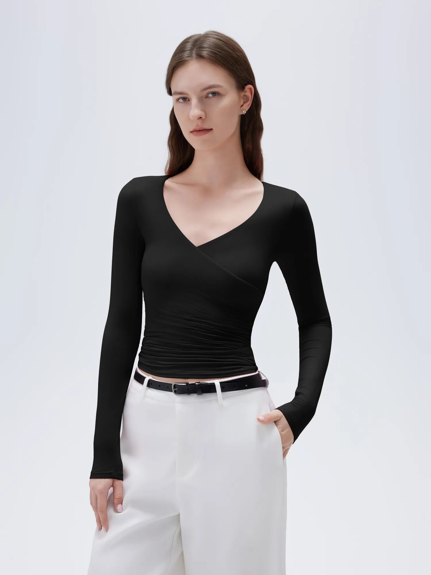 SUUKSESS Women Sexy V Neck Long Sleeve Shirts Double Lined Wrap Going Out Tops-SUUKSESS-SUUKSESS
