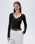 SUUKSESS Women Sexy V Neck Long Sleeve Shirts Double Lined Wrap Going Out Tops-SUUKSESS-SUUKSESS