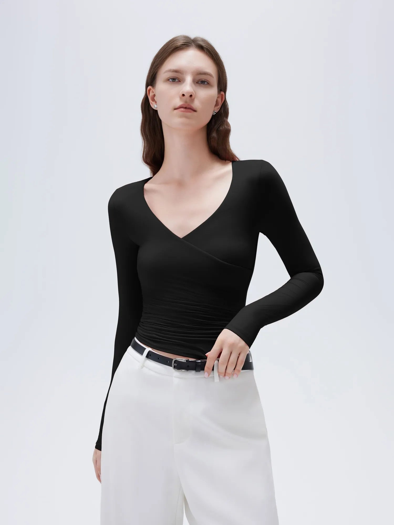 SUUKSESS Women Sexy V Neck Long Sleeve Shirts Double Lined Wrap Going Out Tops-SUUKSESS-SUUKSESS