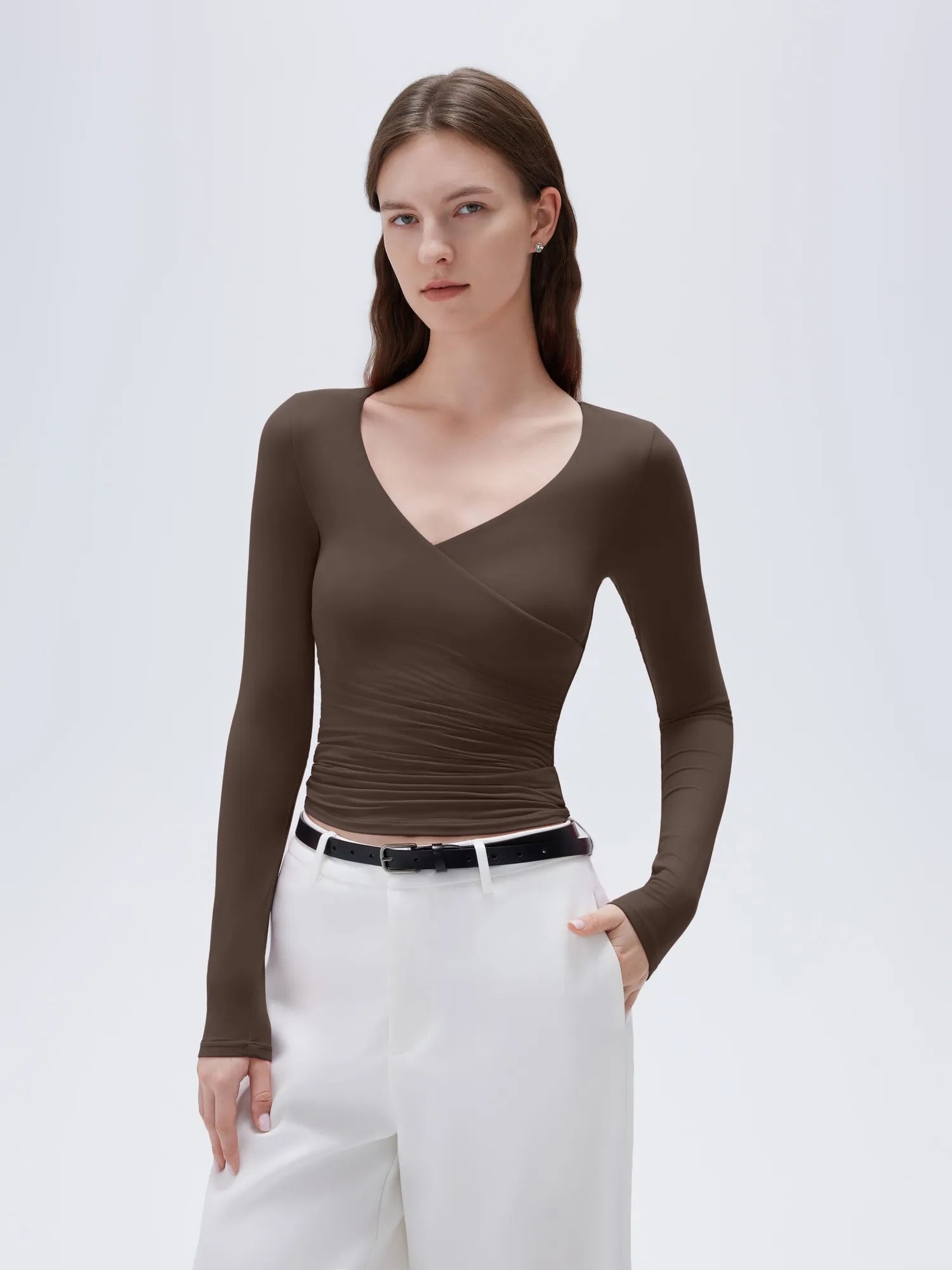 SUUKSESS Women Sexy V Neck Long Sleeve Shirts Double Lined Wrap Going Out Tops-SUUKSESS-Brown-XS-SUUKSESS