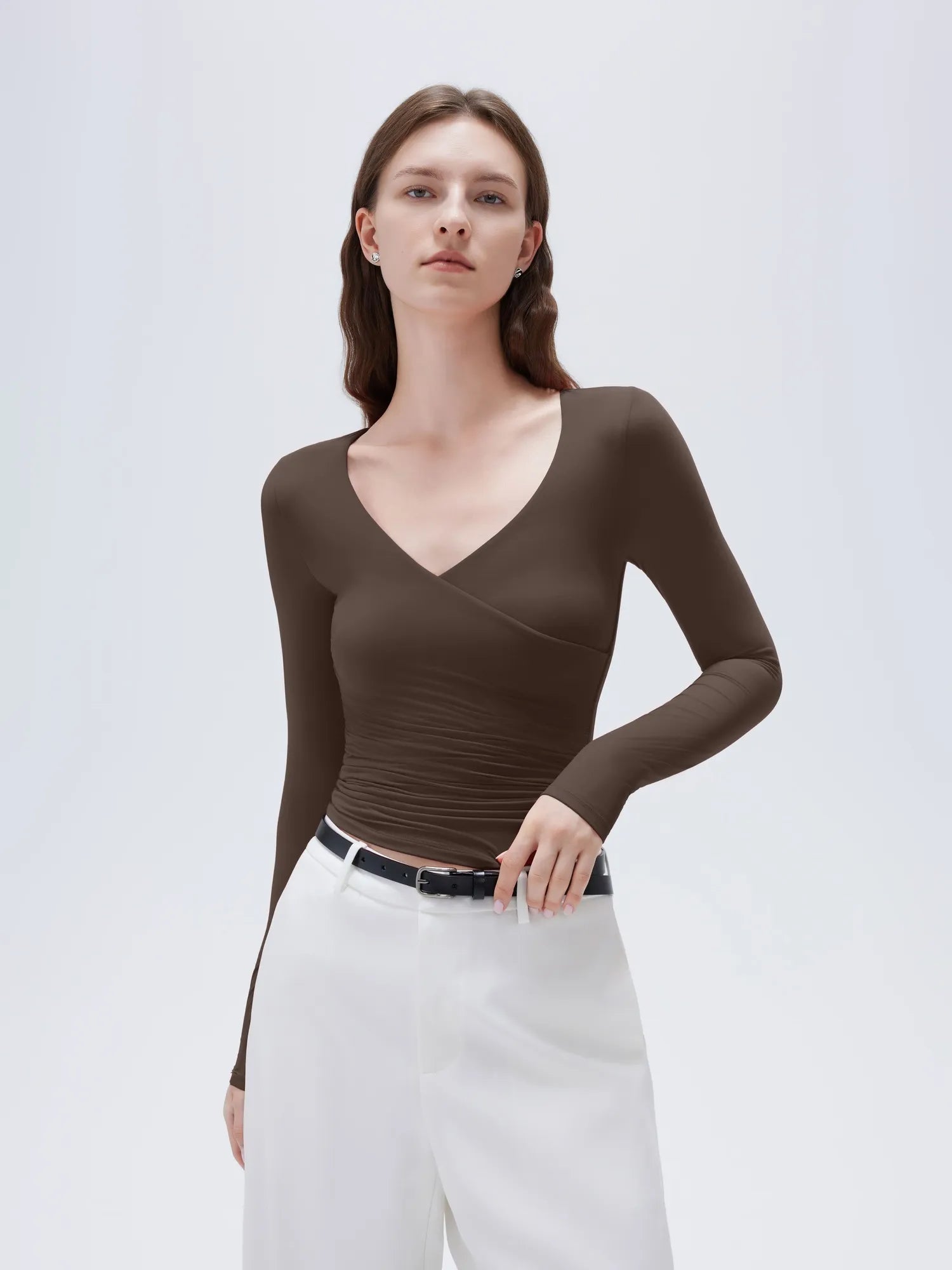 SUUKSESS Women Sexy V Neck Long Sleeve Shirts Double Lined Wrap Going Out Tops-SUUKSESS-SUUKSESS