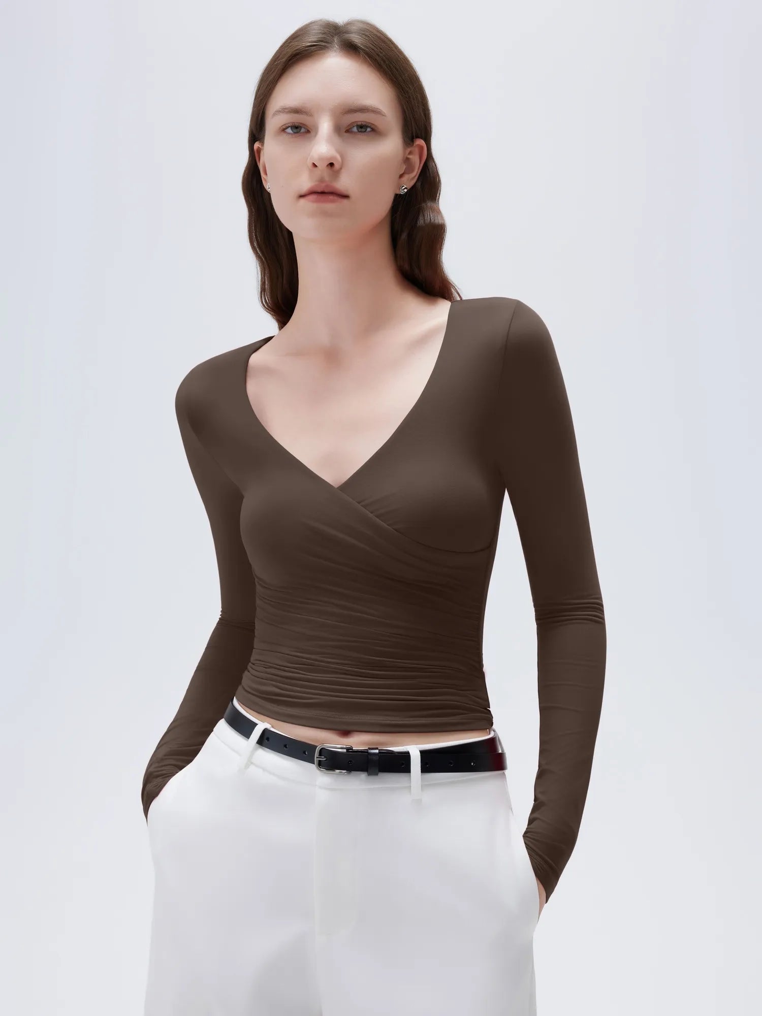 SUUKSESS Women Sexy V Neck Long Sleeve Shirts Double Lined Wrap Going Out Tops-SUUKSESS-SUUKSESS