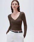 SUUKSESS Women Sexy V Neck Long Sleeve Shirts Double Lined Wrap Going Out Tops-SUUKSESS-SUUKSESS