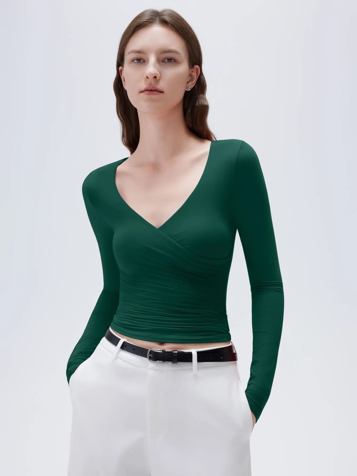 SUUKSESS Women Sexy V Neck Long Sleeve Shirts Double Lined Wrap Going Out Tops-SUUKSESS-Dark Green-XS-SUUKSESS