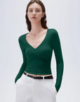SUUKSESS Women Sexy V Neck Long Sleeve Shirts Double Lined Wrap Going Out Tops-SUUKSESS-Dark Green-XS-SUUKSESS
