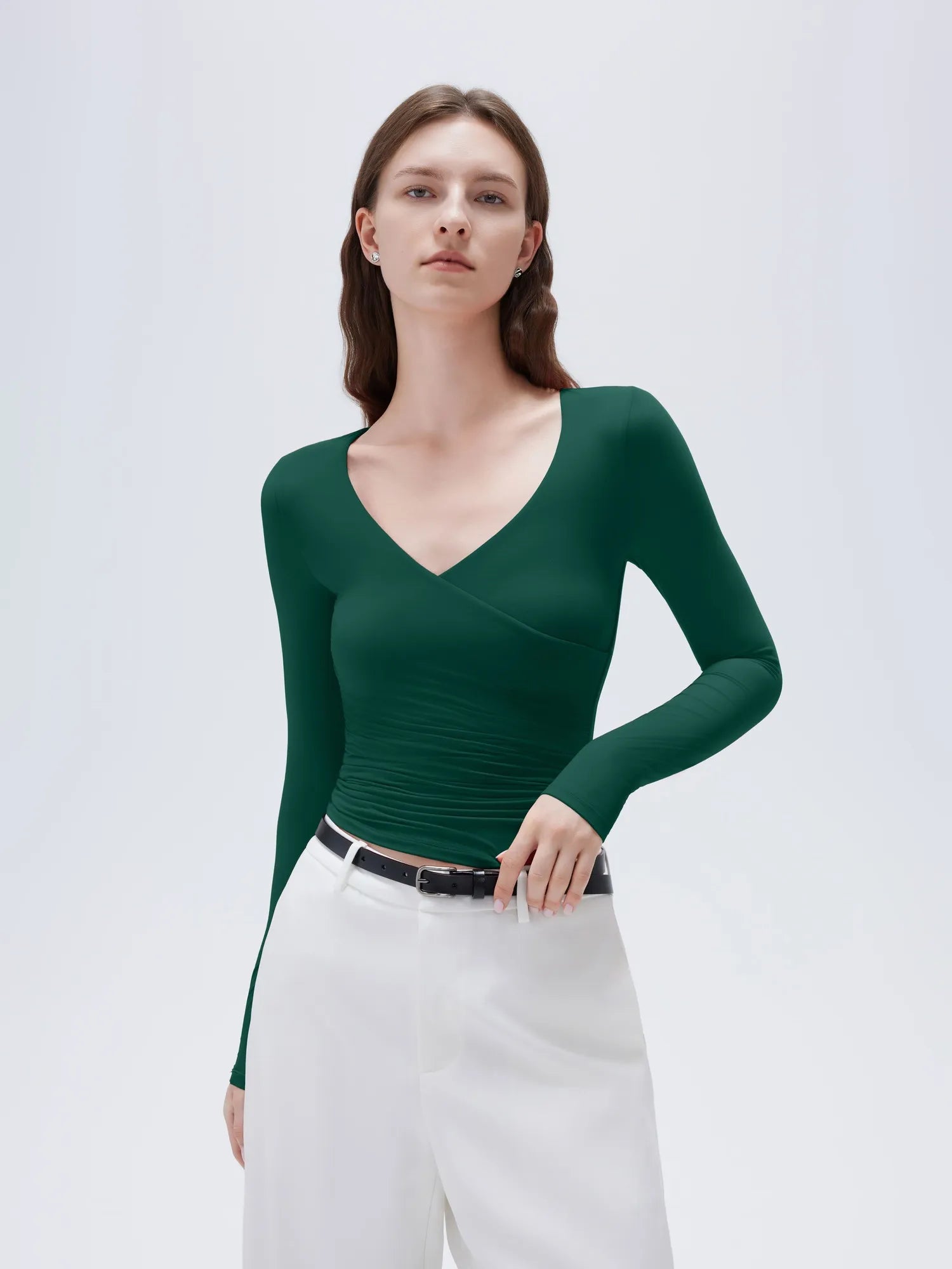 SUUKSESS Women Sexy V Neck Long Sleeve Shirts Double Lined Wrap Going Out Tops-SUUKSESS-SUUKSESS