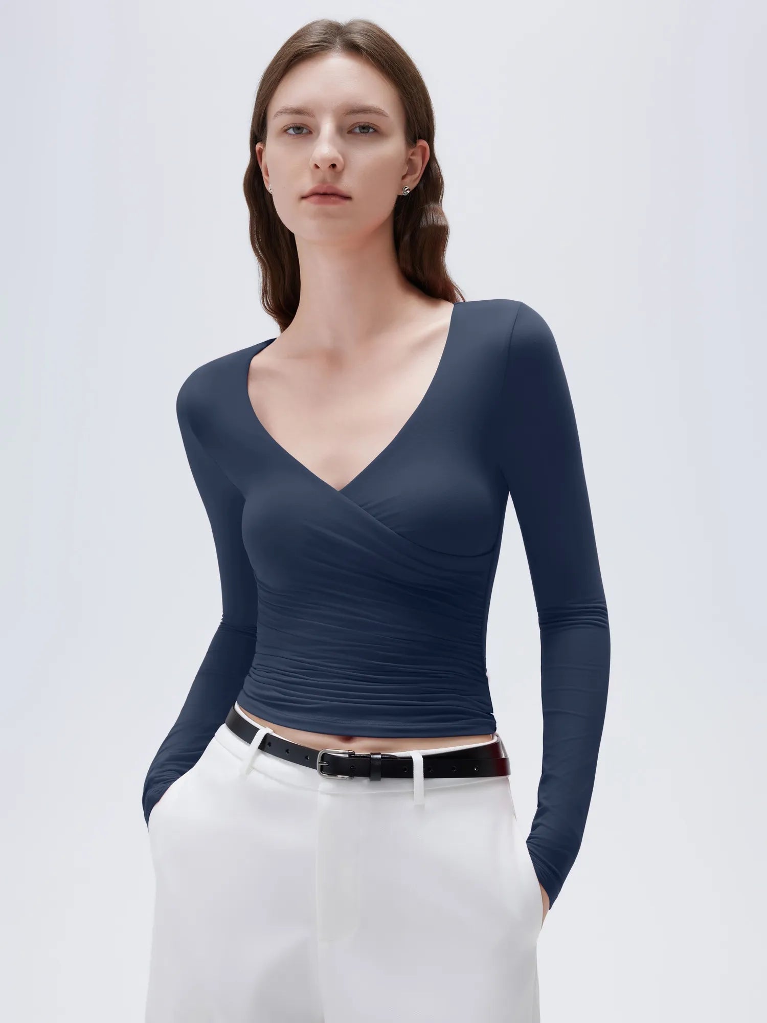 SUUKSESS Women Sexy V Neck Long Sleeve Shirts Double Lined Wrap Going Out Tops-SUUKSESS-Navy-XS-SUUKSESS