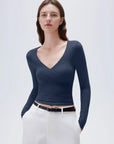 SUUKSESS Women Sexy V Neck Long Sleeve Shirts Double Lined Wrap Going Out Tops-SUUKSESS-Navy-XS-SUUKSESS