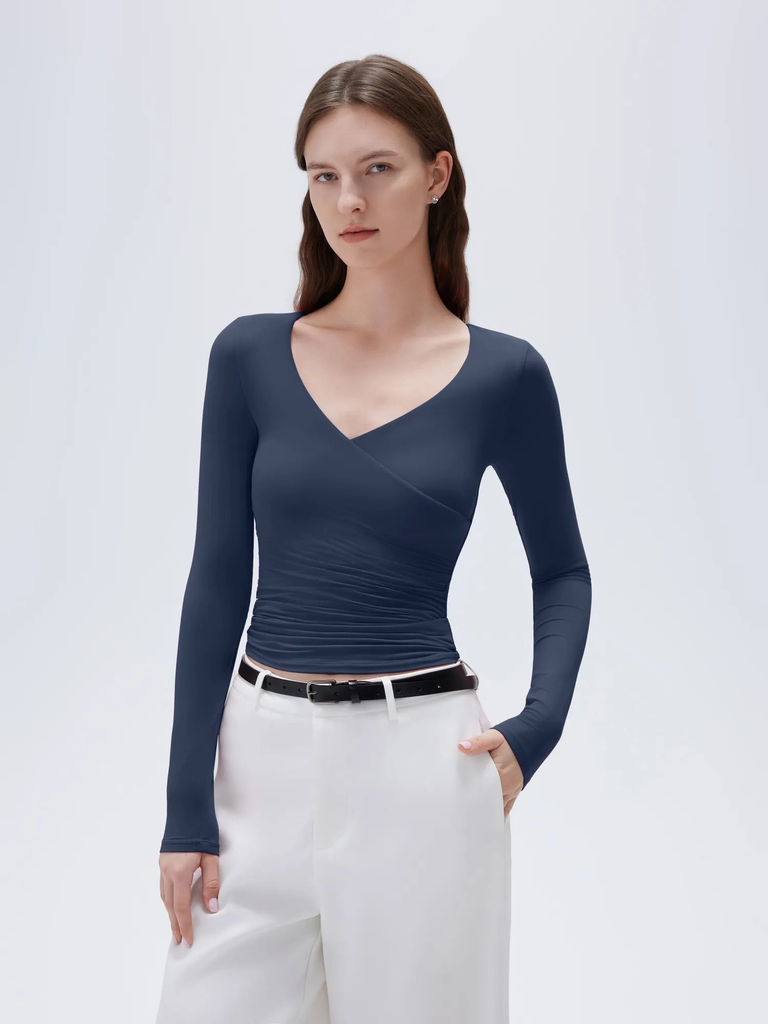 SUUKSESS Women Sexy V Neck Long Sleeve Shirts Double Lined Wrap Going Out Tops-SUUKSESS-SUUKSESS