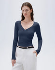 SUUKSESS Women Sexy V Neck Long Sleeve Shirts Double Lined Wrap Going Out Tops-SUUKSESS-SUUKSESS
