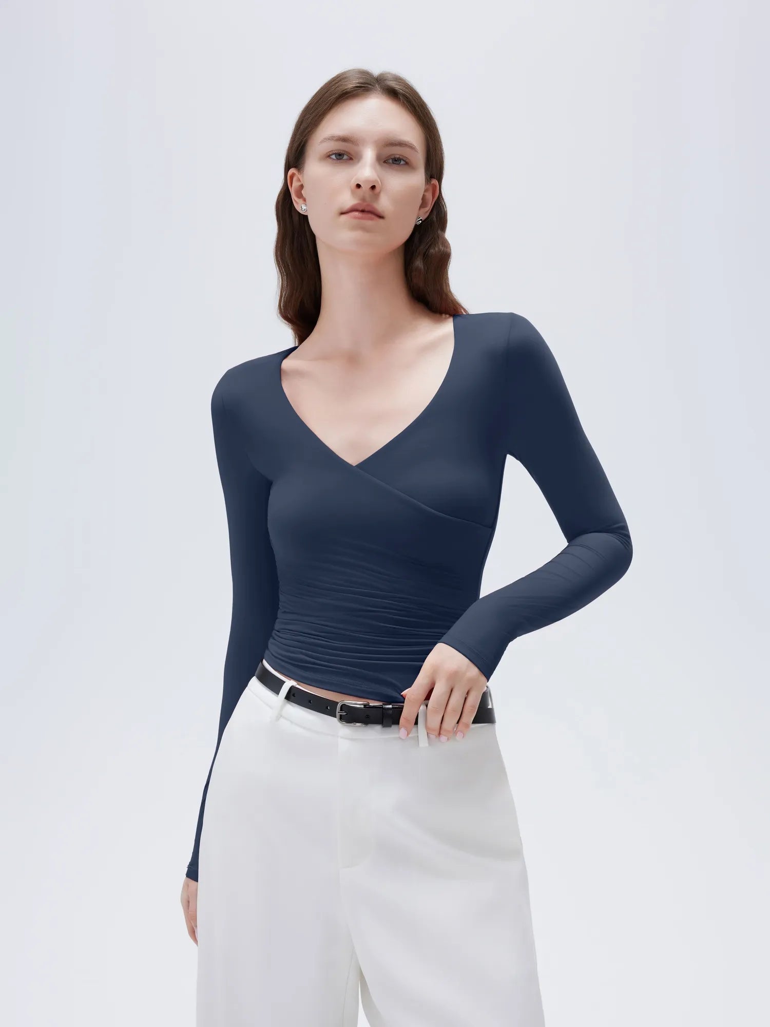 SUUKSESS Women Sexy V Neck Long Sleeve Shirts Double Lined Wrap Going Out Tops-SUUKSESS-SUUKSESS