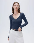 SUUKSESS Women Sexy V Neck Long Sleeve Shirts Double Lined Wrap Going Out Tops-SUUKSESS-SUUKSESS