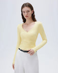 SUUKSESS Women Sexy V Neck Long Sleeve Shirts Double Lined Wrap Going Out Tops-SUUKSESS-Yellow-XS-SUUKSESS