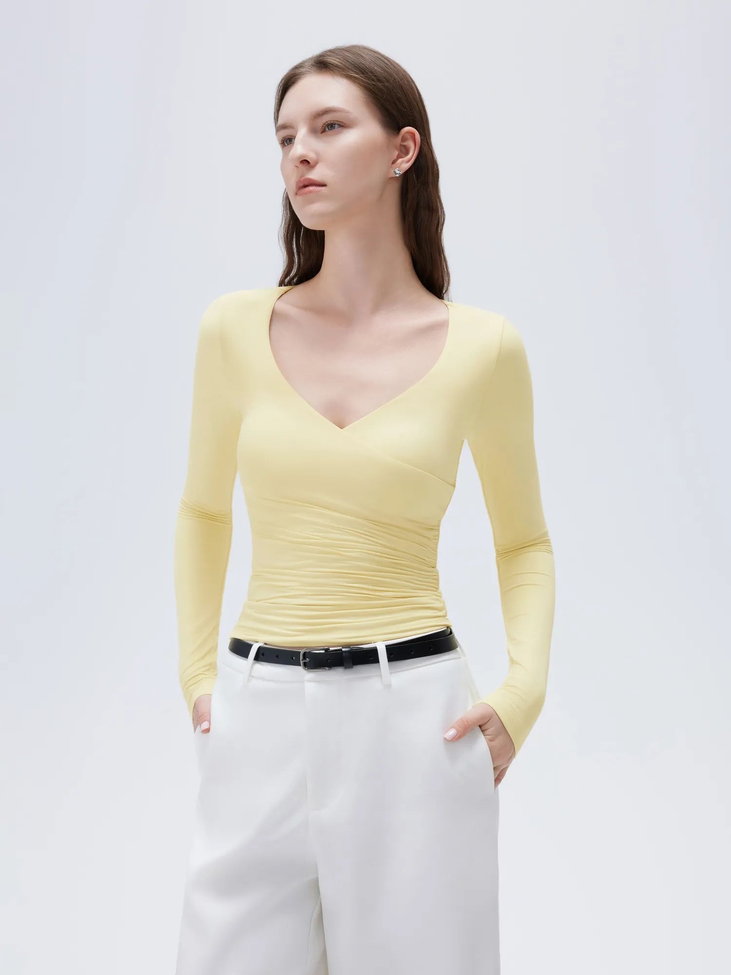 SUUKSESS Women Sexy V Neck Long Sleeve Shirts Double Lined Wrap Going Out Tops-SUUKSESS-SUUKSESS