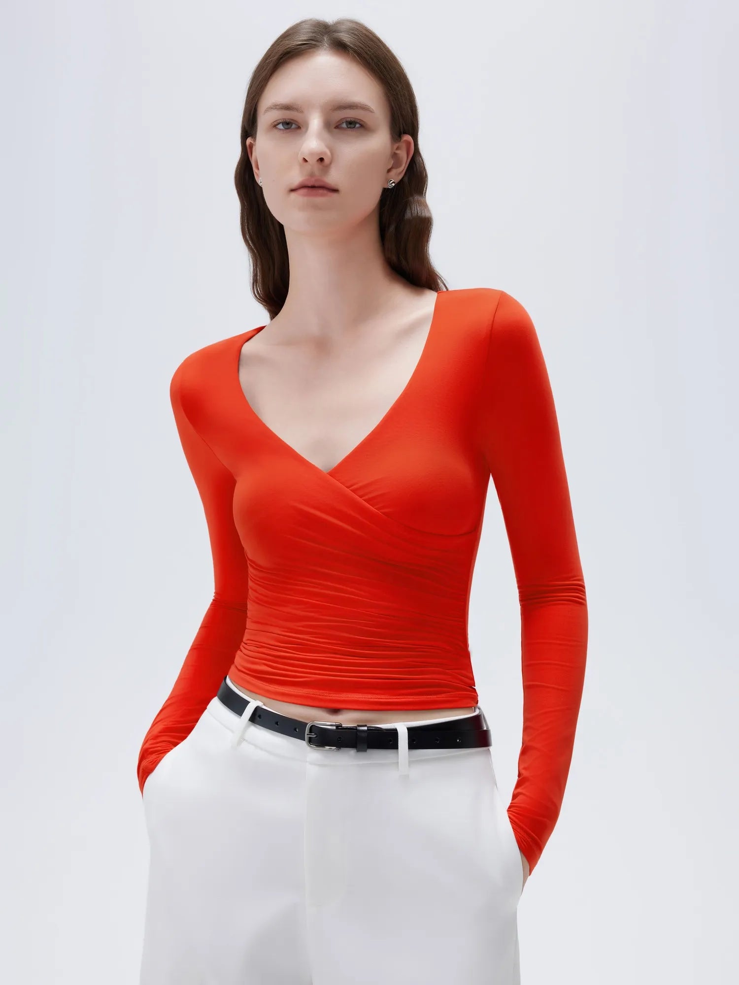 SUUKSESS Women Sexy V Neck Long Sleeve Shirts Double Lined Wrap Going Out Tops-SUUKSESS-Red-XS-SUUKSESS