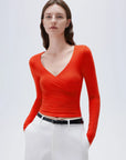 SUUKSESS Women Sexy V Neck Long Sleeve Shirts Double Lined Wrap Going Out Tops-SUUKSESS-Red-XS-SUUKSESS