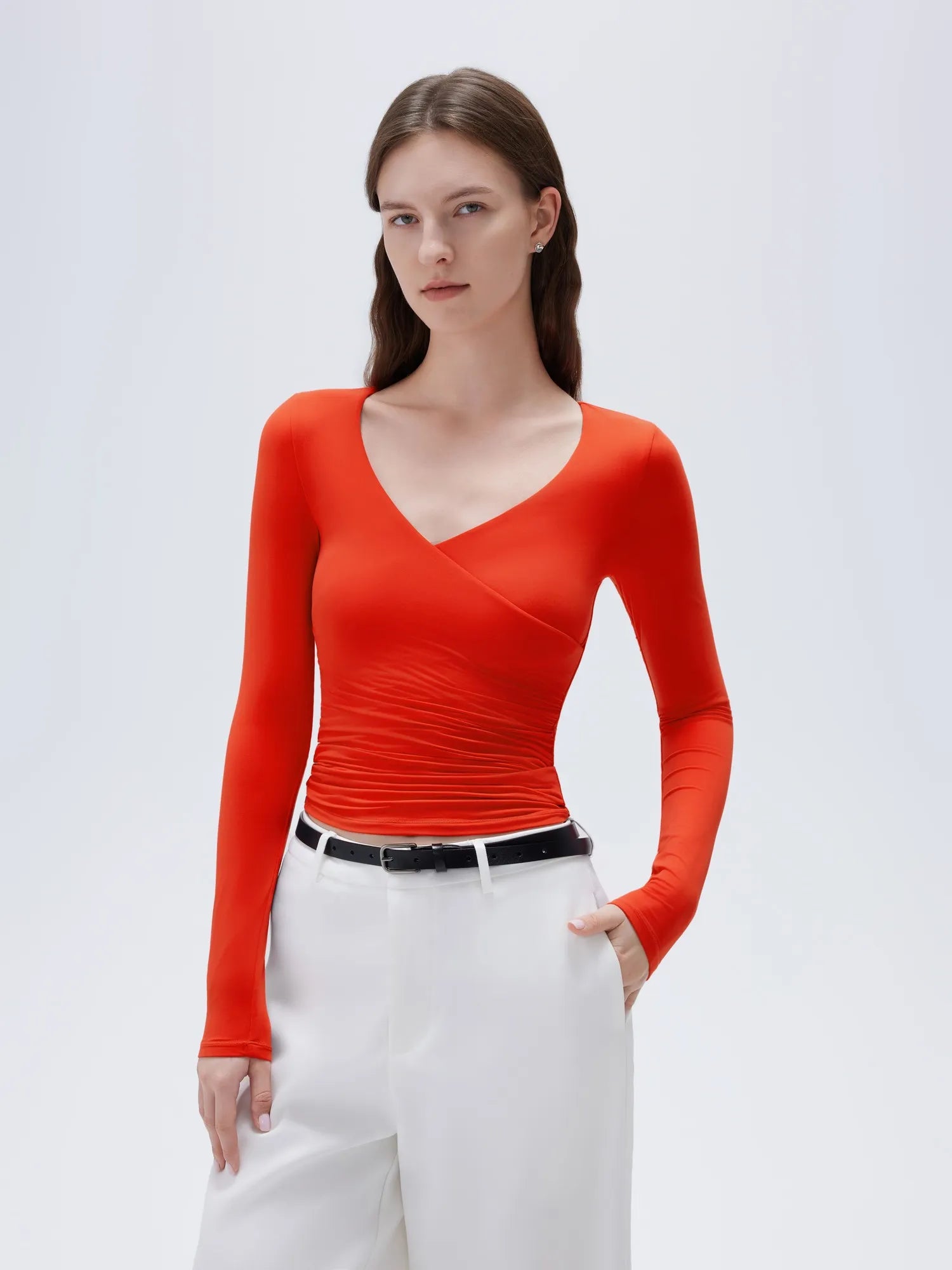 SUUKSESS Women Sexy V Neck Long Sleeve Shirts Double Lined Wrap Going Out Tops-SUUKSESS-SUUKSESS
