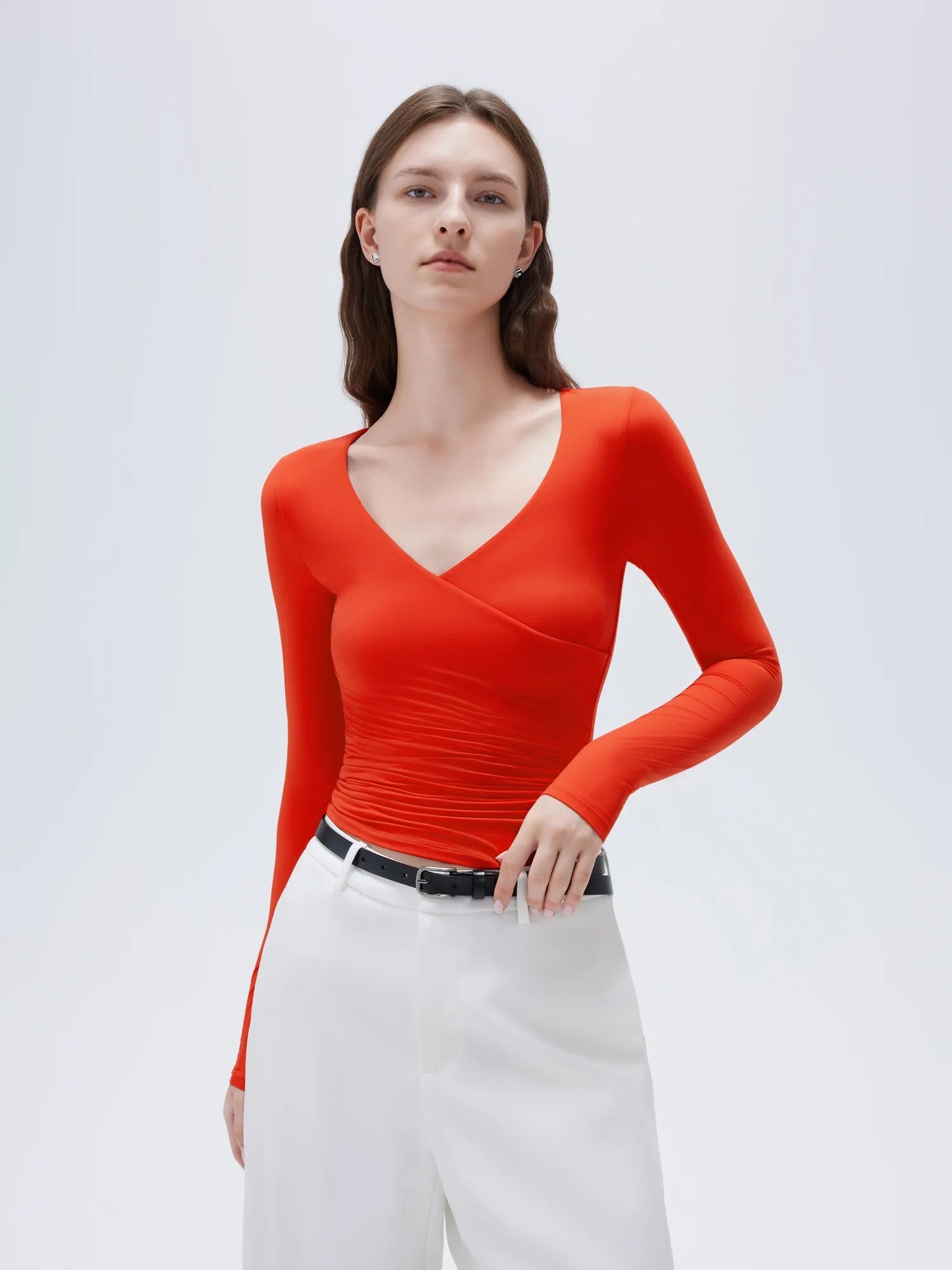 SUUKSESS Women Sexy V Neck Long Sleeve Shirts Double Lined Wrap Going Out Tops-SUUKSESS-SUUKSESS