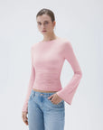SUUKSESS Women Crew Neck Bell Sleeve Tops Double Lined Going Out Fitted Basic T Shirts-SUUKSESS-Pink-XS-SUUKSESS