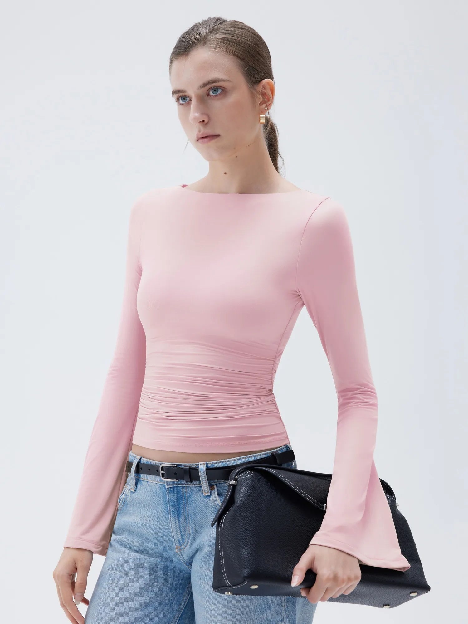 SUUKSESS Women Crew Neck Bell Sleeve Tops Double Lined Going Out Fitted Basic T Shirts-SUUKSESS-SUUKSESS