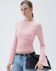 SUUKSESS Women Crew Neck Bell Sleeve Tops Double Lined Going Out Fitted Basic T Shirts-SUUKSESS-SUUKSESS