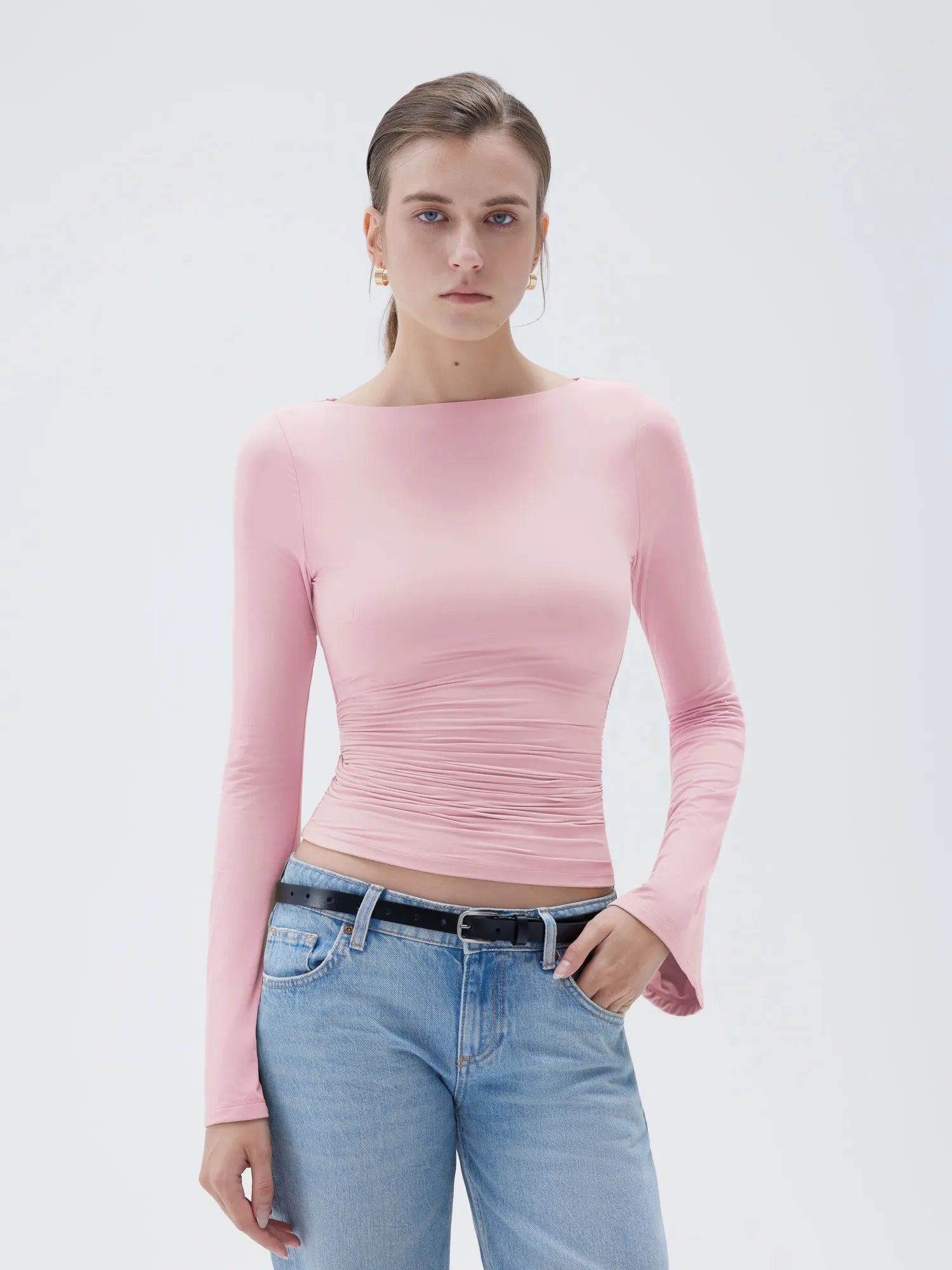 SUUKSESS Women Crew Neck Bell Sleeve Tops Double Lined Going Out Fitted Basic T Shirts-SUUKSESS-SUUKSESS