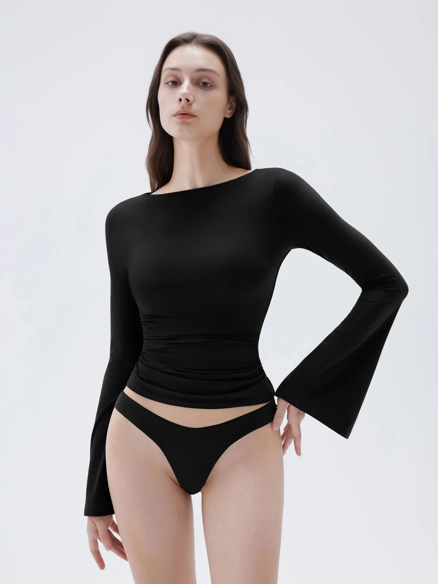 SUUKSESS Women Crew Neck Bell Sleeve Tops Double Lined Going Out Fitted Basic T Shirts-SUUKSESS-Black-XS-SUUKSESS