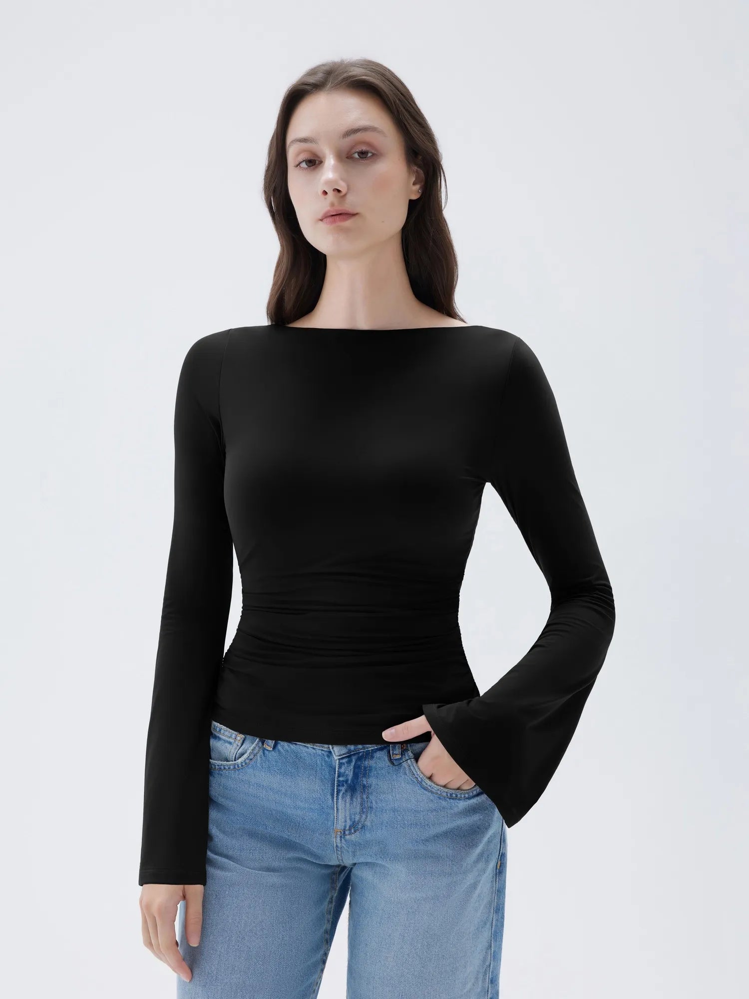 SUUKSESS Women Crew Neck Bell Sleeve Tops Double Lined Going Out Fitted Basic T Shirts-SUUKSESS-SUUKSESS