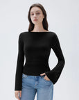 SUUKSESS Women Crew Neck Bell Sleeve Tops Double Lined Going Out Fitted Basic T Shirts-SUUKSESS-SUUKSESS